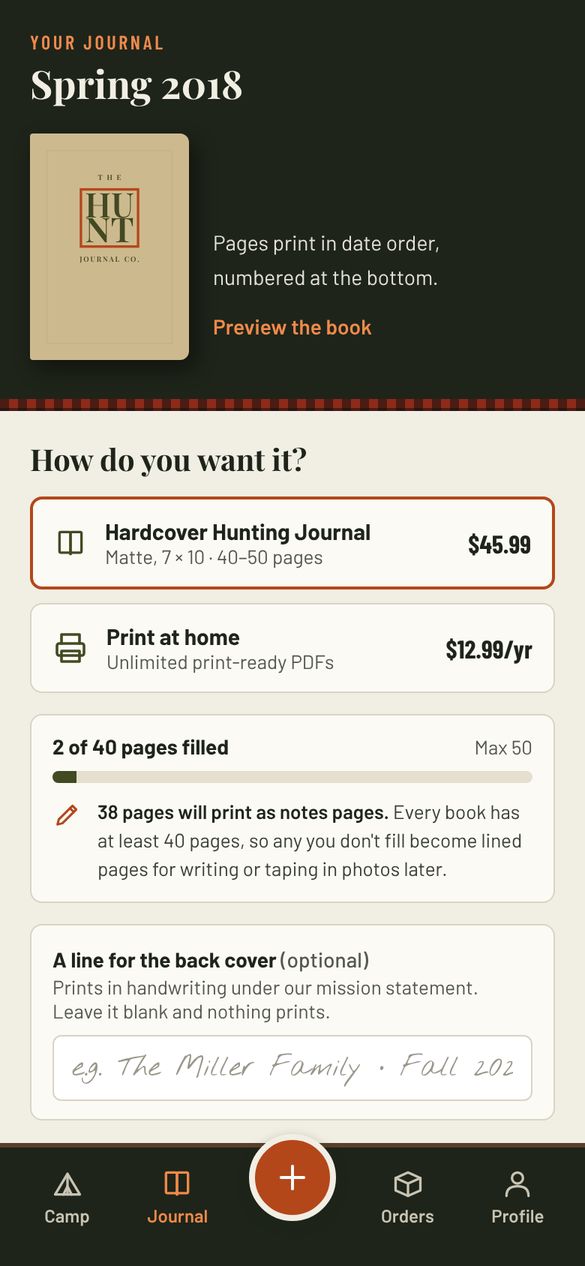 Order the hardcover: 40 to 50 pages in a kraft canvas hardcover, $45.99.